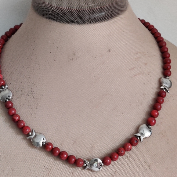 Handmade Genuine Red Corals and Silver Fish Beads Necklace OOAK - Picture 8 of 16